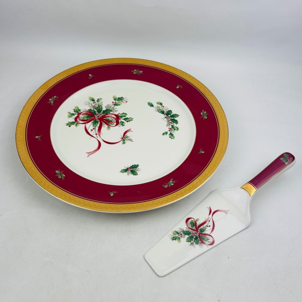 Mikasa Palatial Holly Gold Cake Plate & Server Red Gold Trim Holidays Christmas